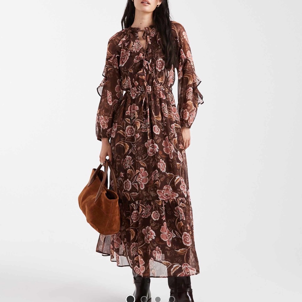 New Look Brown Floral Long Sleeve Dress